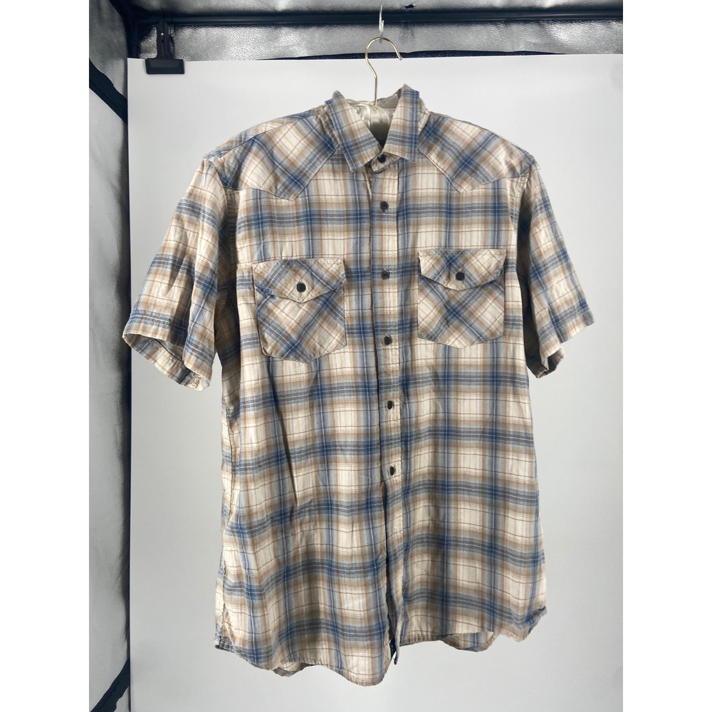 Men's OutdoorLife Plaid Short Sleeve Button Up Shirt Dual Pockets Tan/ Blue